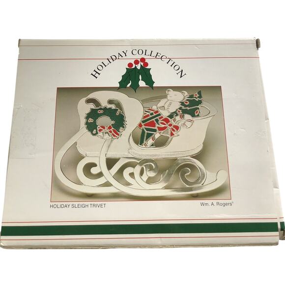 Vtg. Wm. A. Rogers Oneida Christmas Holiday Sleigh Trivet Silverplate Enamel - Picture 5 of 6